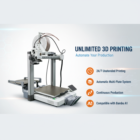 BambuLab A1 3D printer with Swapmod automatic plate changer upgrade for continuous printing
