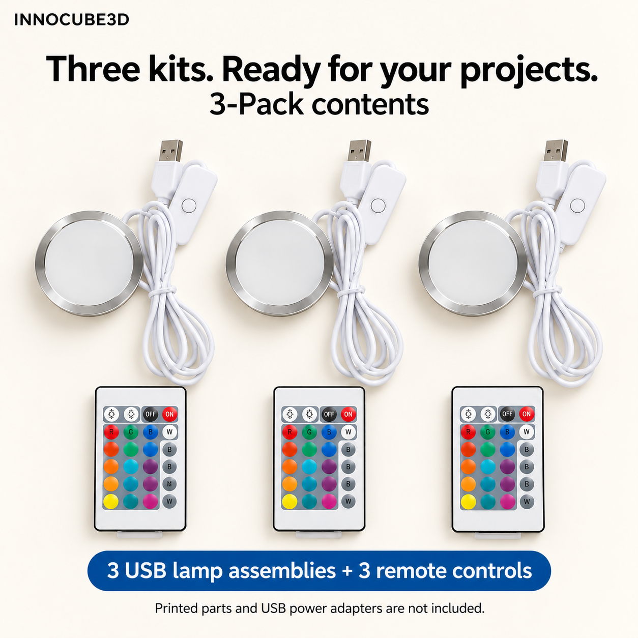 RGB USB LED Lamp Kit for 3D Printed Lamps – 3-Pack with Remote Controls