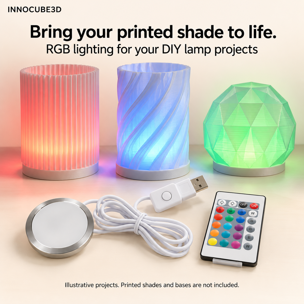 RGB USB LED Lamp Kit for 3D Printed Lamps – 3-Pack with Remote Controls