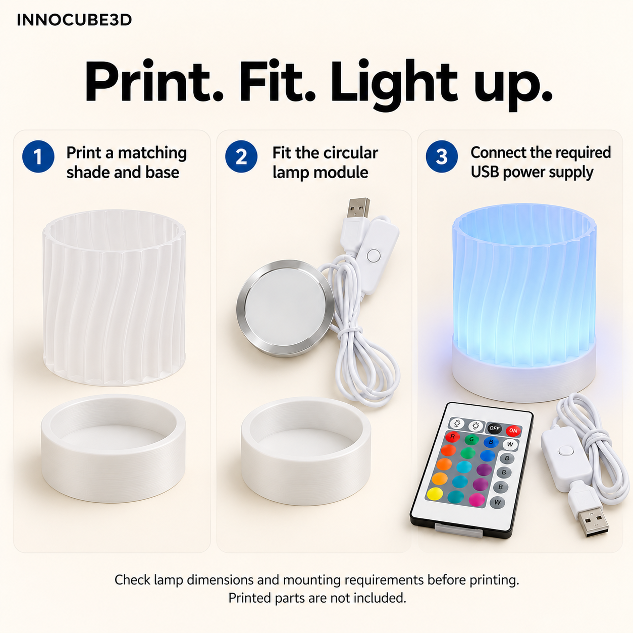 RGB USB LED Lamp Kit for 3D Printed Lamps – 3-Pack with Remote Controls