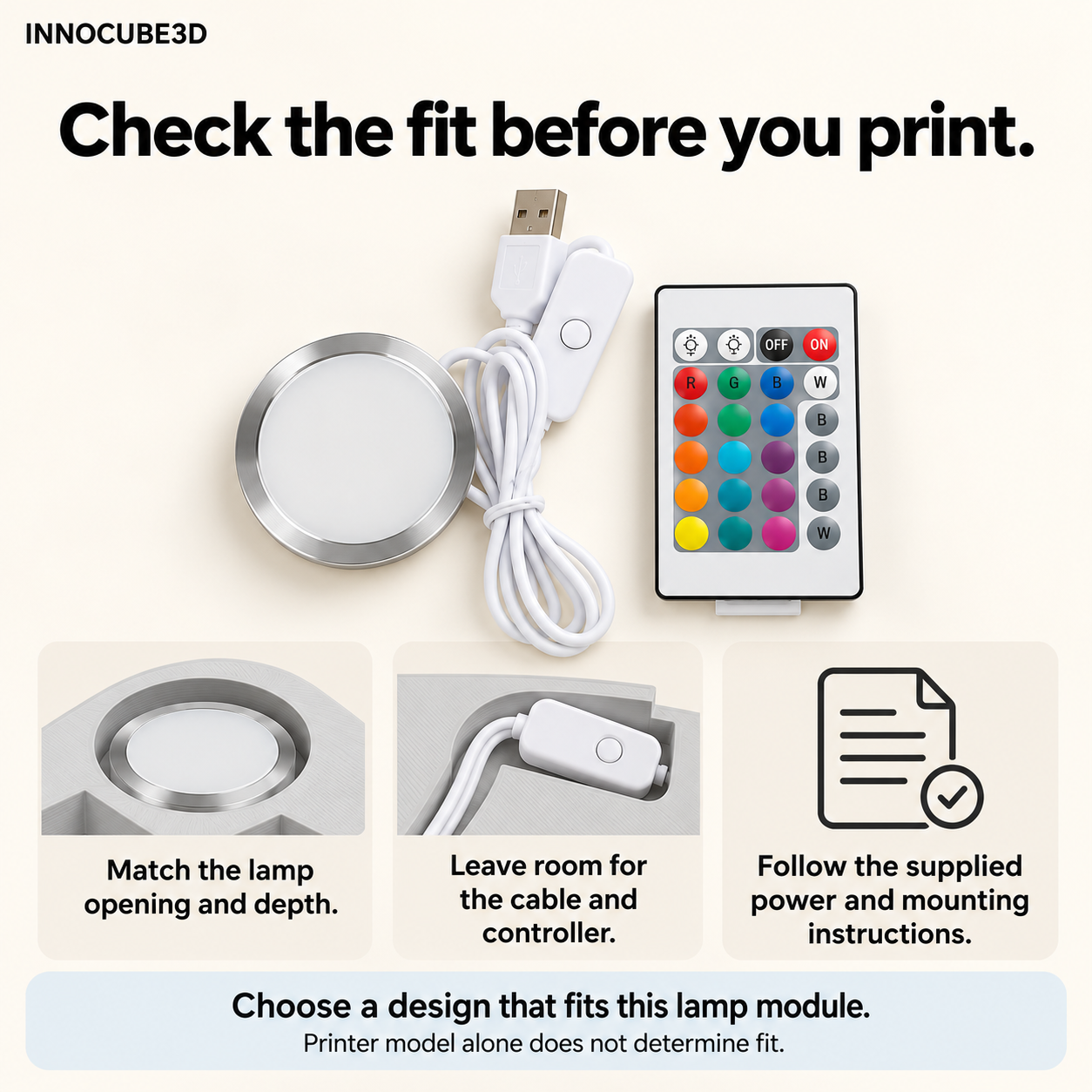 RGB USB LED Lamp Kit for 3D Printed Lamps – 3-Pack with Remote Controls