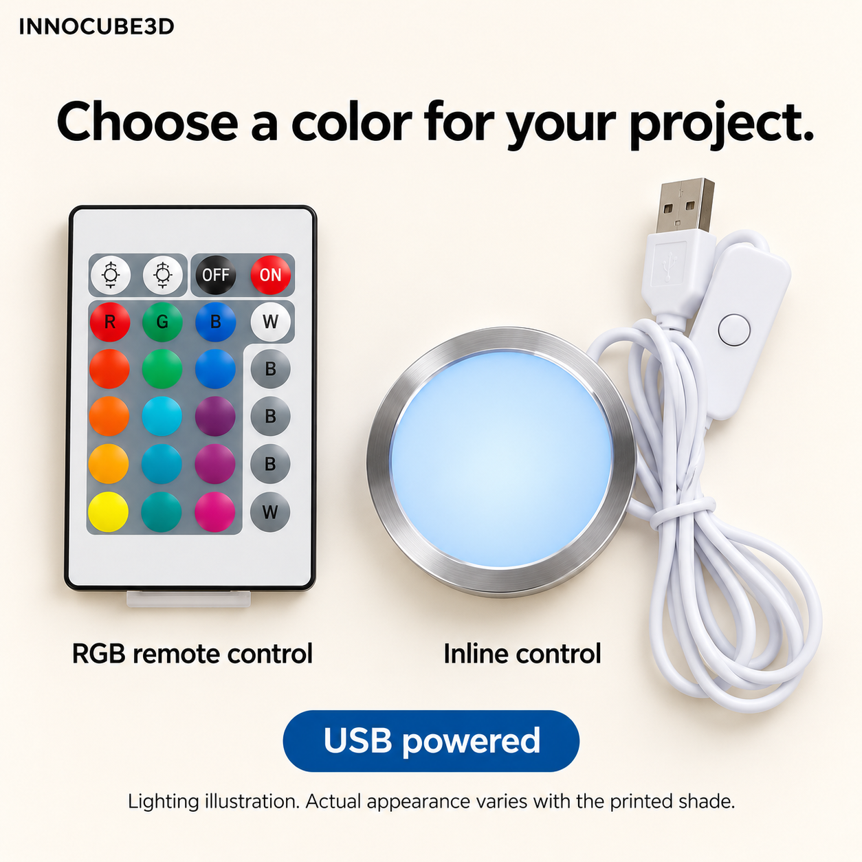 RGB USB LED Lamp Kit for 3D Printed Lamps – 3-Pack with Remote Controls